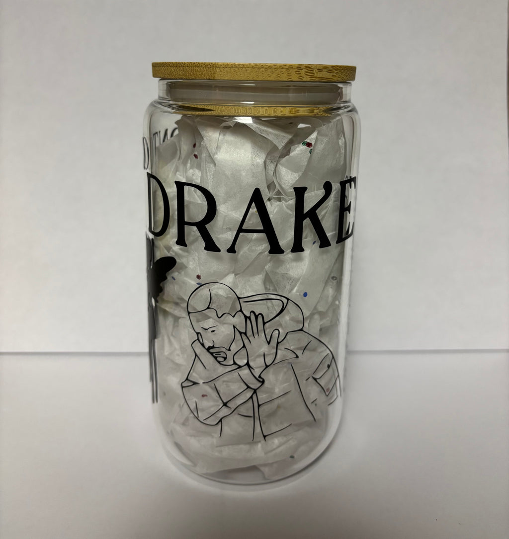 Drake Themed Glass Coffee Cup: Bamboo Lid & Glass Straw