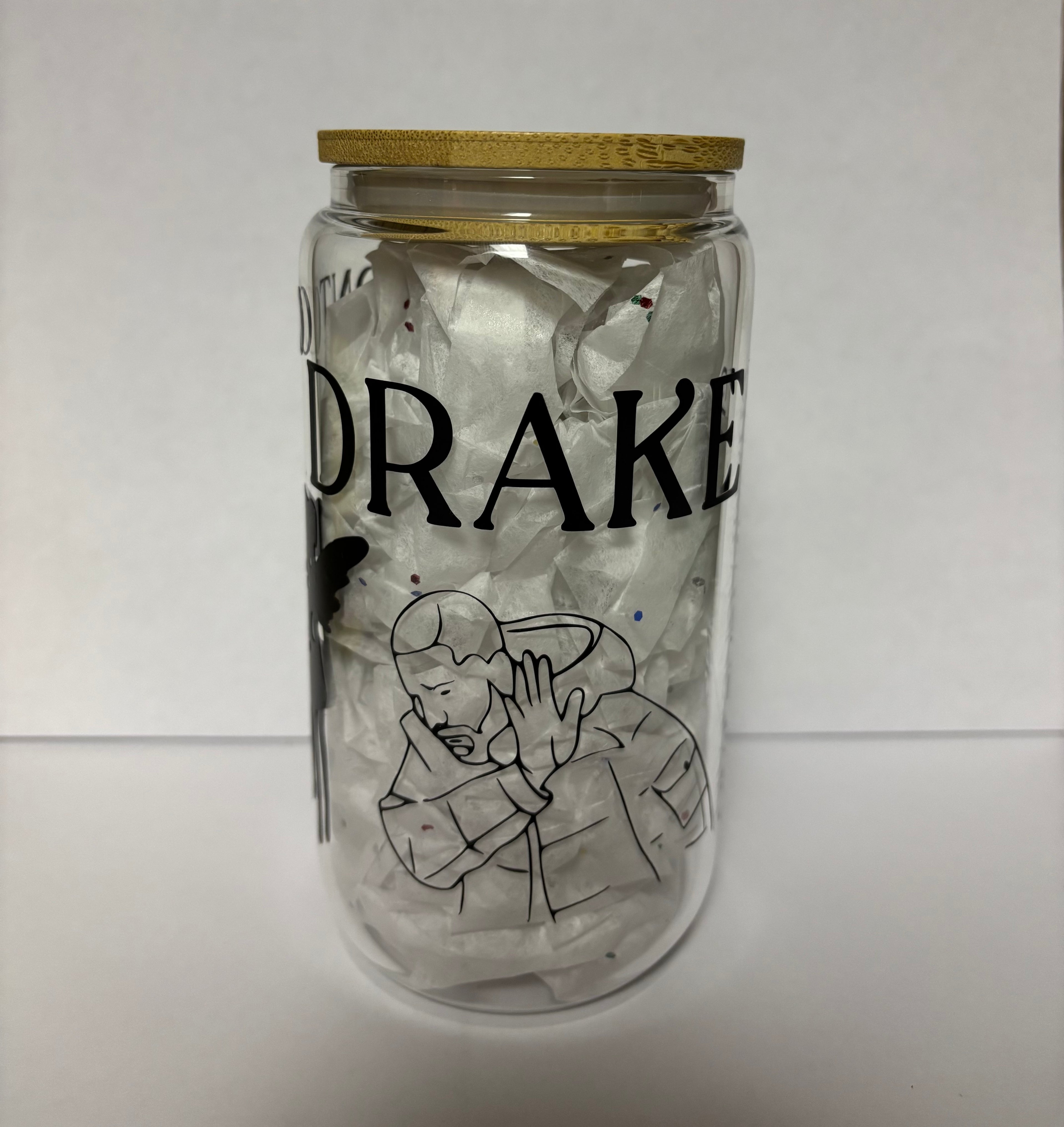 Drake Themed Glass Coffee Cup: Bamboo Lid & Glass Straw