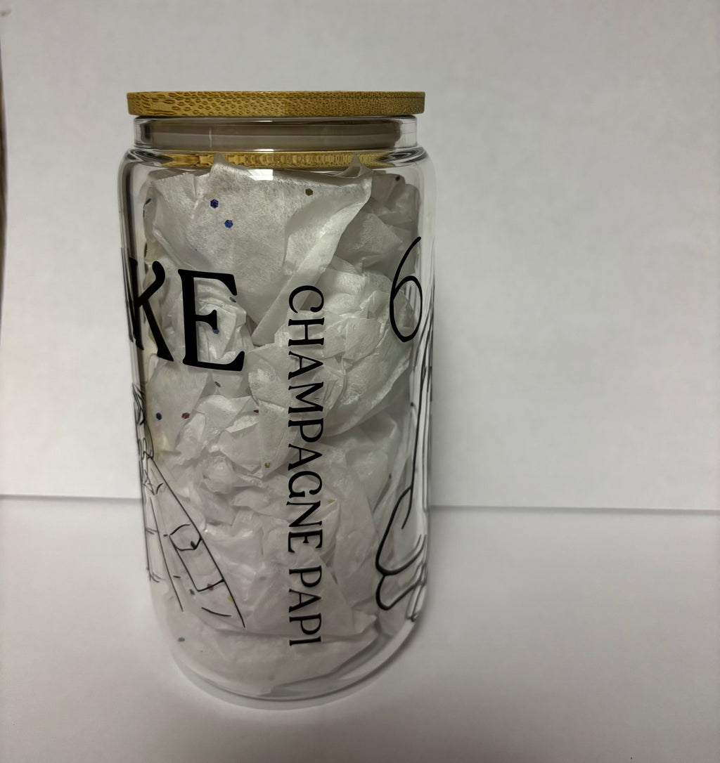 Drake Themed Glass Coffee Cup: Bamboo Lid & Glass Straw
