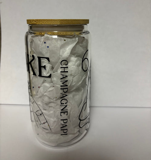 Drake Themed Glass Coffee Cup: Bamboo Lid & Glass Straw