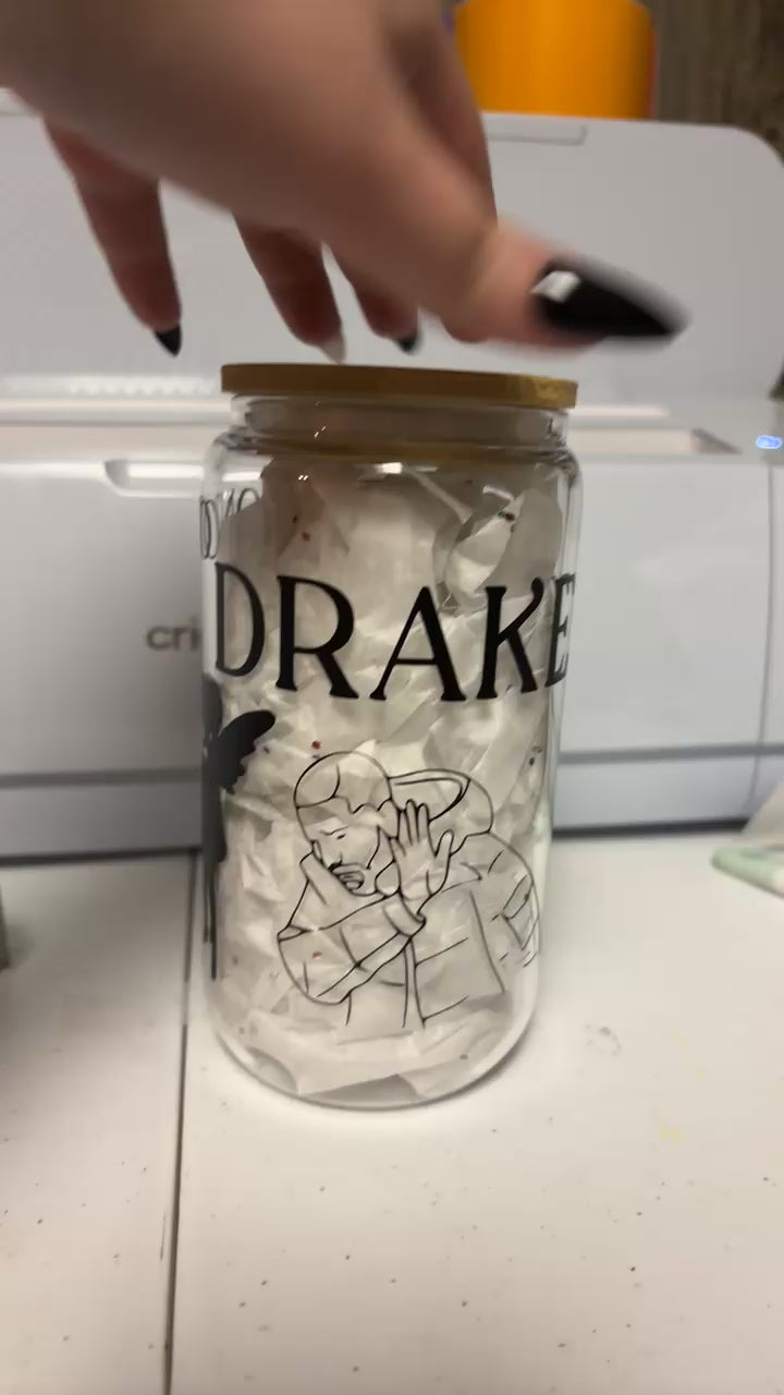 Drake Themed Glass Coffee Cup: Bamboo Lid & Glass Straw